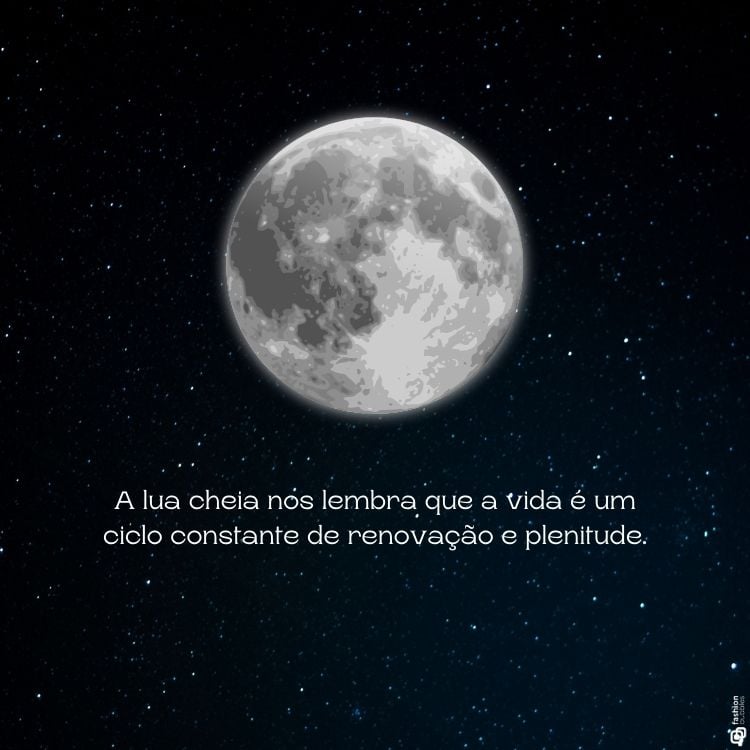 A imagem exibe uma lua cheia brilhante em um céu escuro e estrelado. Abaixo da lua, está a frase: "A lua cheia nos lembra que a vida é um ciclo constante de renovação e plenitude." Essa cena inspira reflexões e frases sobre a lua, destacando seu simbolismo de transformação e continuidade na vida.