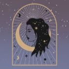 Fundo de céu estrelado com ilustração de mulher de perfil, lua e estrelas douradas, horóscopo semanal de 21 a 27 de outubro