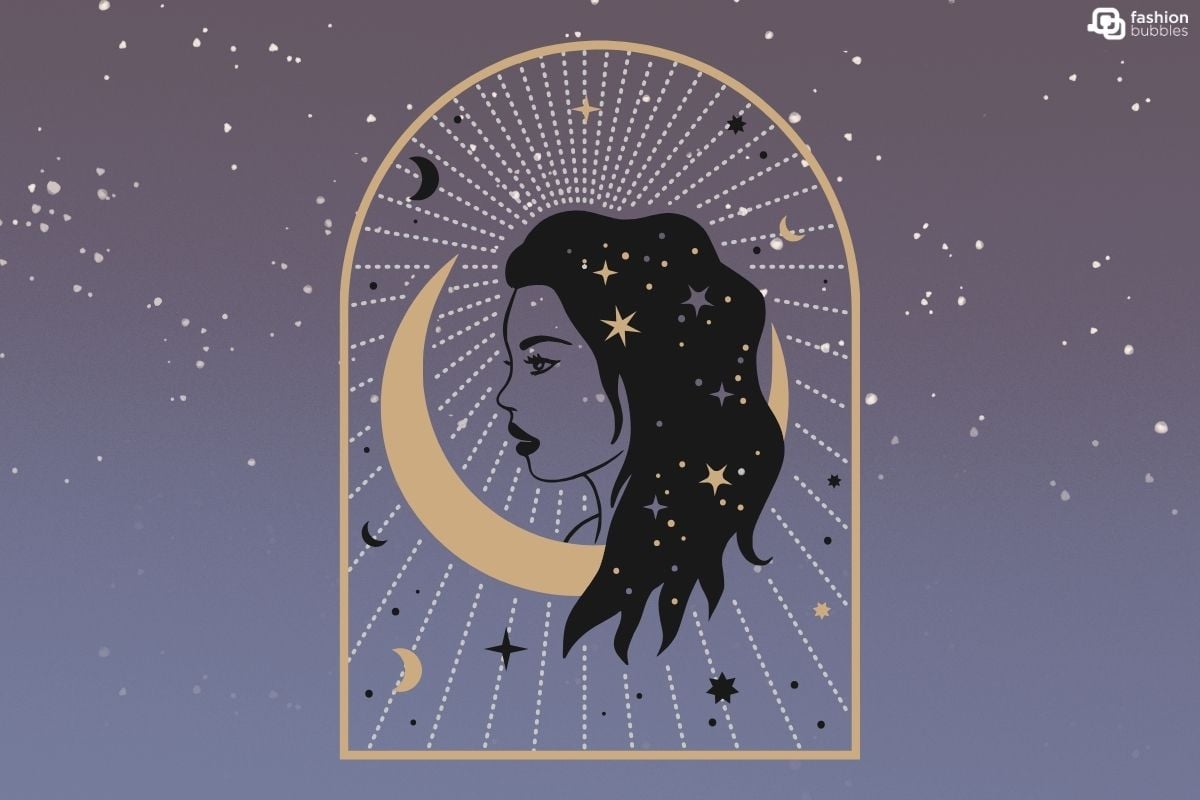 Fundo de céu estrelado com ilustração de mulher de perfil, lua e estrelas douradas, horóscopo semanal de 21 a 27 de outubro