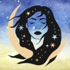 Céu estrelado com ilustração de mulher e de lua crescente, horóscopo semanal de 14 a 20 de outubro