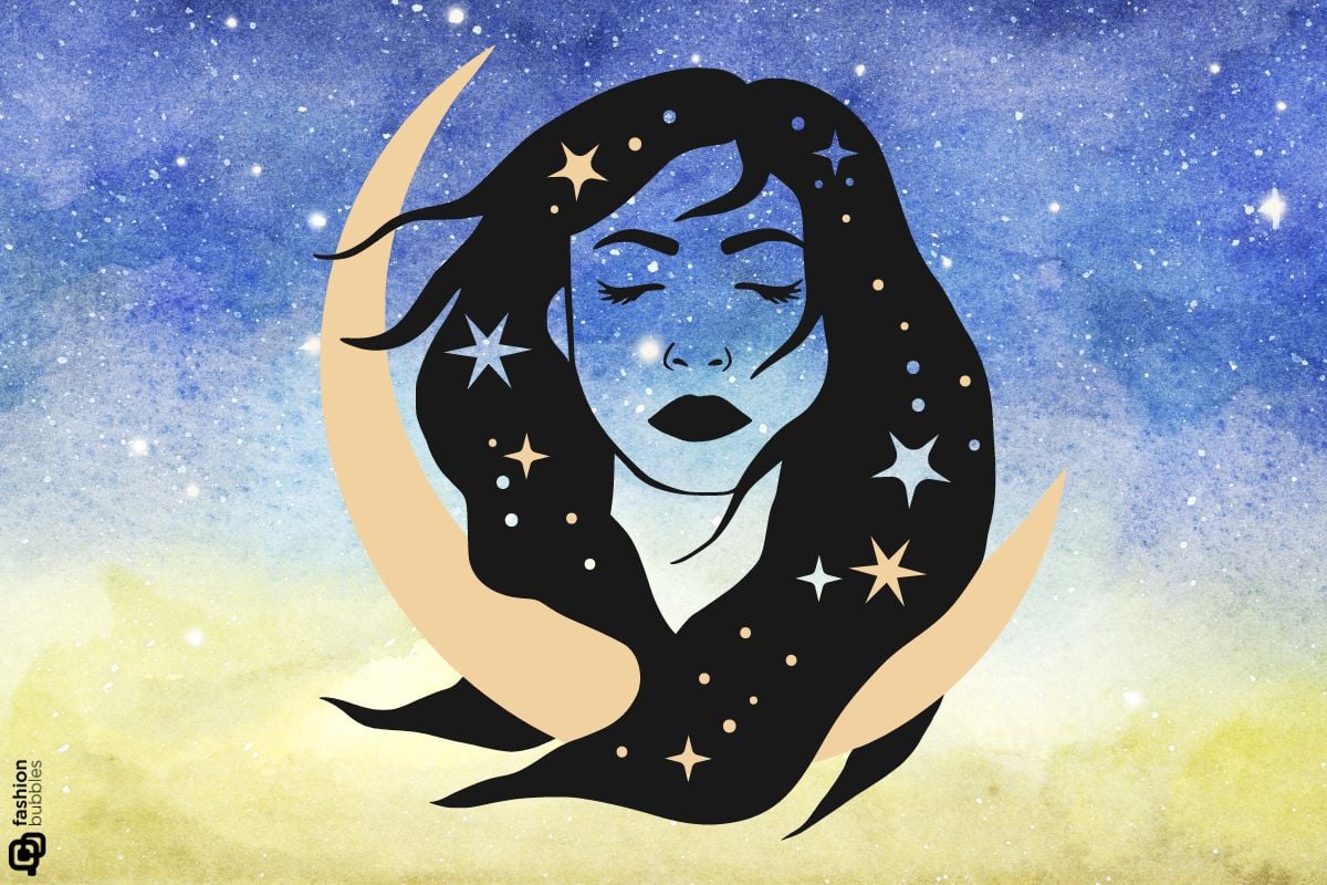 Céu estrelado com ilustração de mulher e de lua crescente, horóscopo semanal de 14 a 20 de outubro