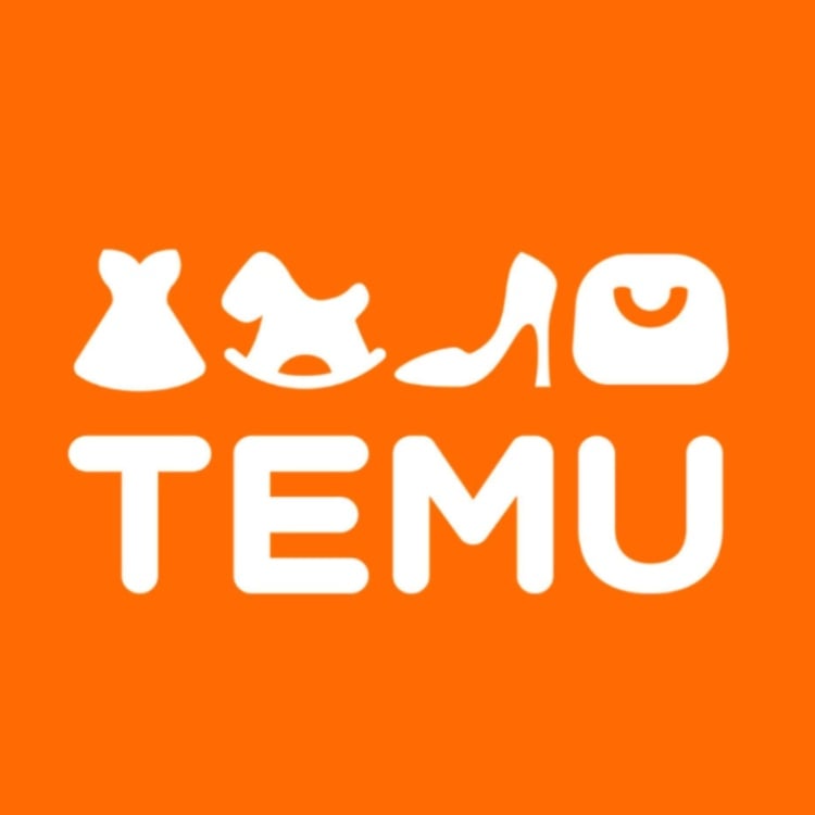 Logo da Temu: fundo laranja, desenho de vestido; cavalo de balanço, salto e bolsa, com o nome da emrpesa embaixo 