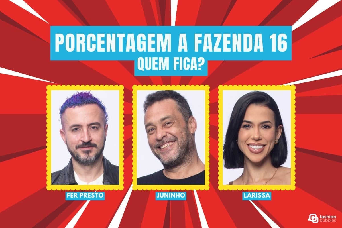 A imagem apresenta um design colorido com um fundo vermelho e branco em estilo de explosão. No topo, há um texto em azul destacando "Porcentagem A Fazenda 16 - Quem Fica?". Abaixo, estão três fotos de candidatos emolduradas com bordas amarelas. Da esquerda para a direita, os nomes são "Fer Presto", "Juninho" e "Larissa", cada um com uma etiqueta azul com seus nomes. No canto inferior direito, há o logotipo do "Fashion Bubbles". A imagem parece ser uma chamada para votação ou enquete relacionada ao programa "A Fazenda 16".