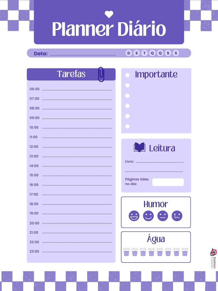 O planner diário é organizado com seções para tarefas, itens importantes, leitura, humor e consumo de água. Inclui horários de 06:00 às 23:00, espaço para anotar o livro e páginas lidas, além de emojis para registrar o humor. Possui design roxo e branco, com um layout limpo e funcional.