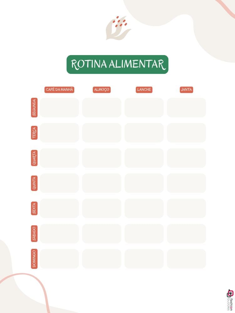 A imagem é um planner de "Rotina Alimentar" com colunas para café da manhã, almoço, lanche e jantar. Organizado por dias da semana, de segunda a domingo, permite planejar refeições diárias. O design é minimalista, com cores suaves e um toque de verde e laranja. No topo, há um ícone decorativo abstrato, complementando o layout limpo.