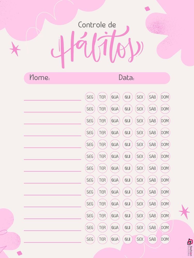 A imagem é um controle de hábitos com design em rosa e branco. Possui espaço para o nome e data, seguido por linhas para listar hábitos. Ao lado, há colunas com círculos para marcar dias da semana, de segunda a domingo. O fundo tem elementos decorativos, como estrelas e formas abstratas, criando um visual atraente e organizado.