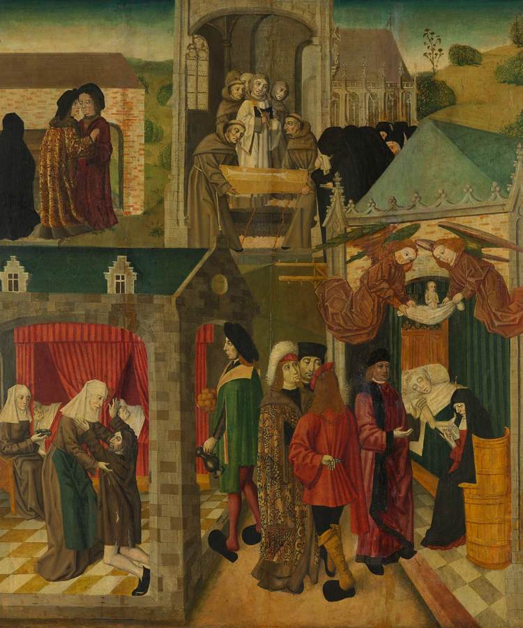 A pintura medieval retrata cenas da vida de Santa Isabel da Hungria. Em primeiro plano, figuras nobres e religiosas interagem em ambientes interiores, com destaque para atos de caridade. No topo, monges carregam um corpo, simbolizando seu funeral. Anjos em vestes vermelhas aparecem ao lado de uma criança, representando sua santidade e devoção.