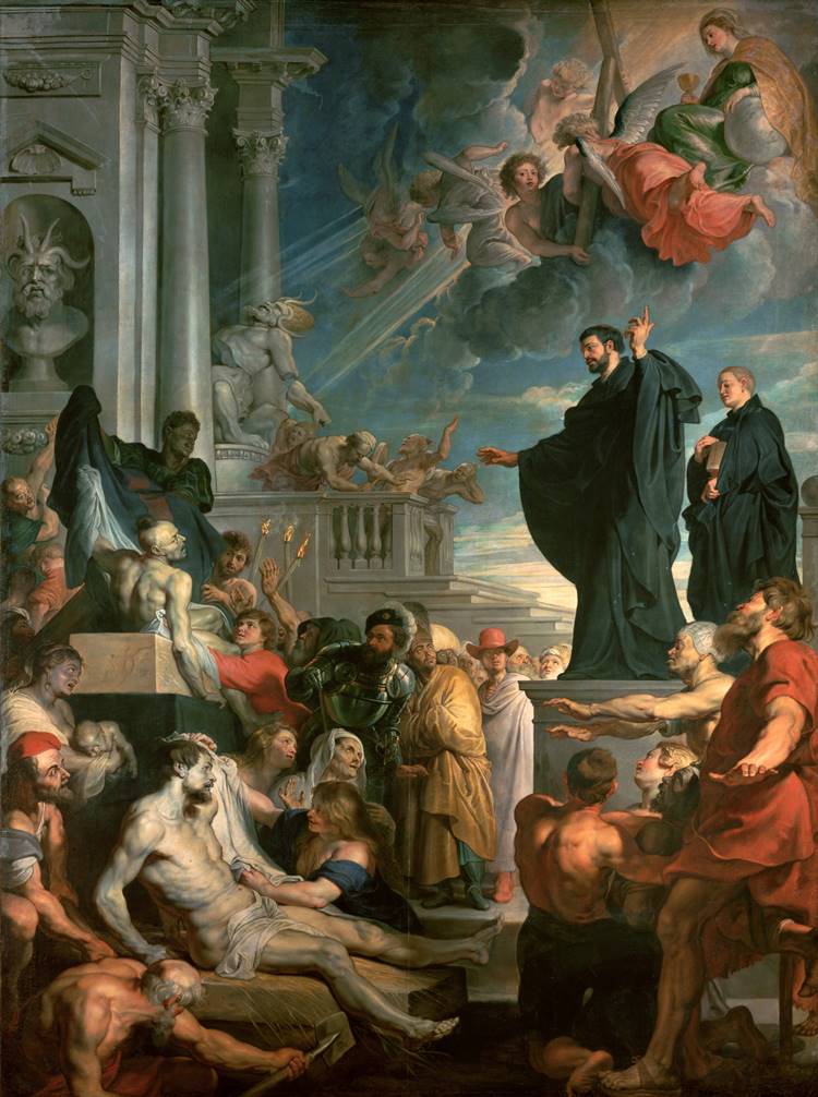 Na pintura de Rubens, São Francisco Xavier está no centro, de vestes escuras, realizando milagres. Pessoas ao redor dele expressam espanto e devoção. Anjos acima observam, emanando luz celestial. À esquerda, estátuas e arquitetura clássica proporcionam um cenário majestoso. A cena retrata fé e transformação espiritual.