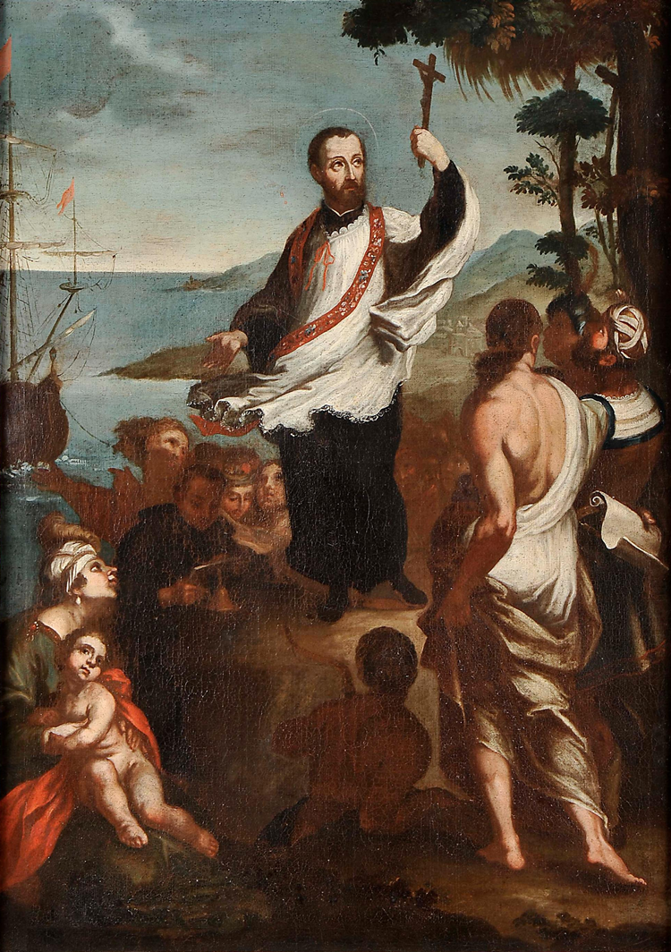 Na imagem, São Francisco Xavier está pregando, erguendo uma cruz. Vestido com túnica branca e estola vermelha, ele é rodeado por ouvintes atentos, incluindo uma mãe com criança. Ao fundo, vê-se um navio no oceano, aludindo às suas viagens missionárias. Árvores e montanhas completam a cena.