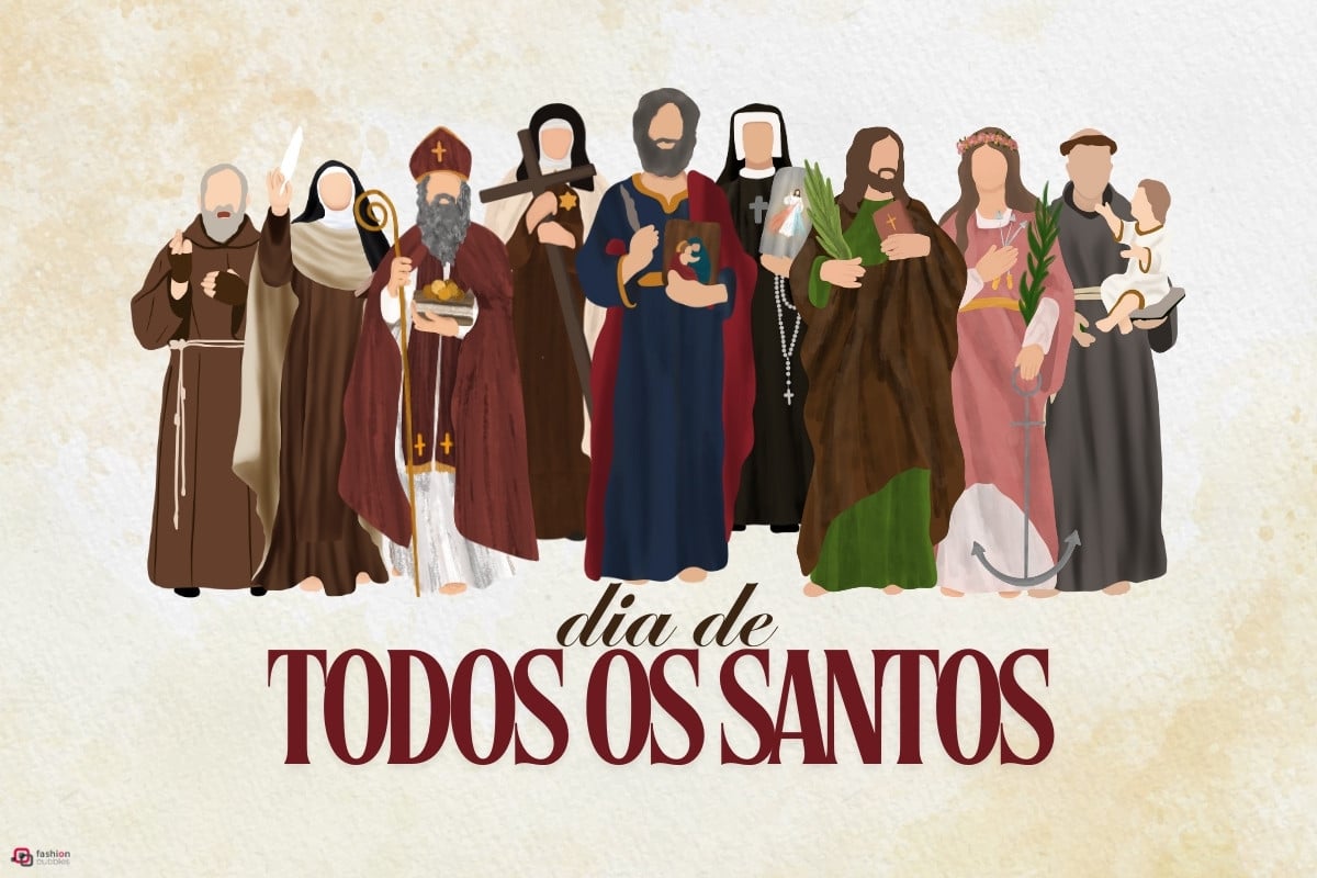 Um grupo de oito santos, em trajes religiosos distintos, está alinhado. Cada figura carrega símbolos de sua devoção, como cruzes, livros e palmas. Duas mulheres vestem véus. Ao fundo, um tom suave de papel envelhecido. Abaixo, em letras grandes, lê-se "Dia de Todos os Santos".