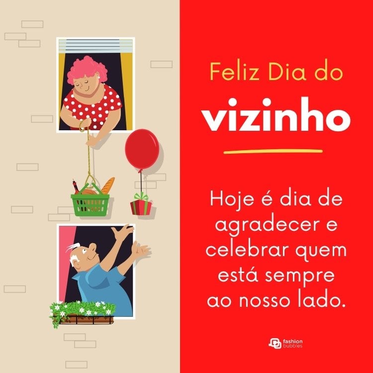 Cartão virtual com desenho de vizinhos na janela e frase "Hoje é dia de agradecer e celebrar quem está sempre ao nosso lado. Feliz Dia do Vizinho! "