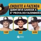 Montagem com foto de Flor Fernandez, Gui Vieira e Sacha Bali, participantes da Enquete Prova do Fazendeiro