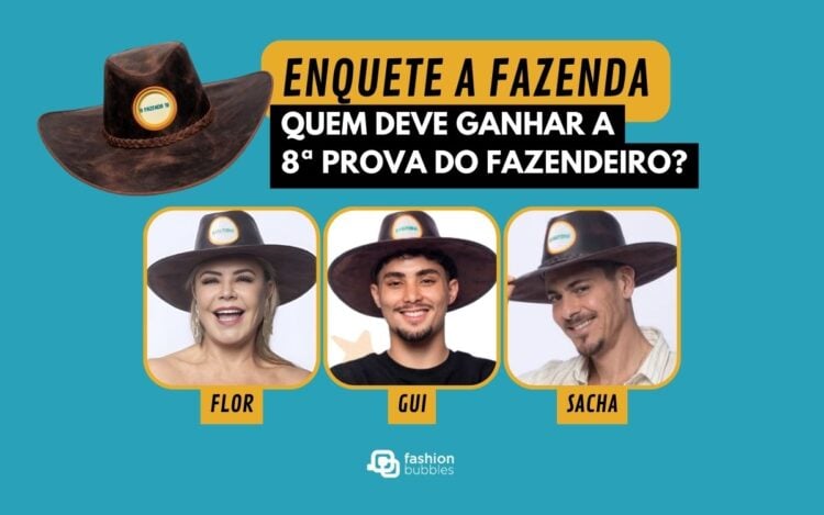 Montagem com foto de Flor Fernandez, Gui Vieira e Sacha Bali, participantes da Enquete Prova do Fazendeiro