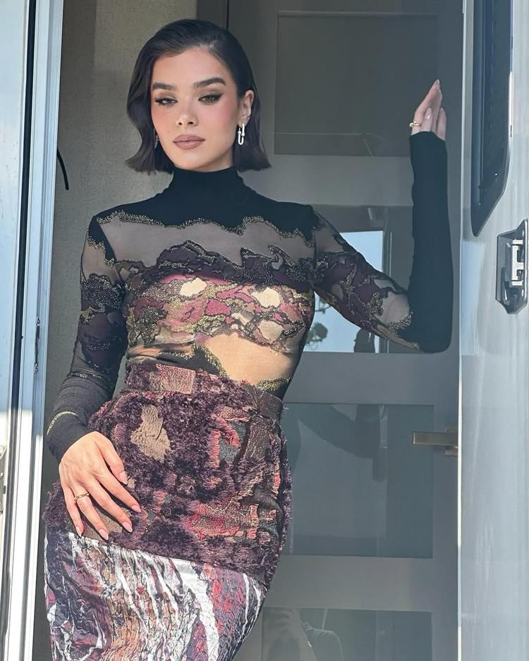 Hailee Steinfeld posa confiante usando uma blusa de gola alta transparente com detalhes florais e uma saia texturizada com padrão abstrato. Ela tem cabelo castanho escuro com corte bob e usa brincos pendentes. Está em frente a uma porta, sob luz natural.