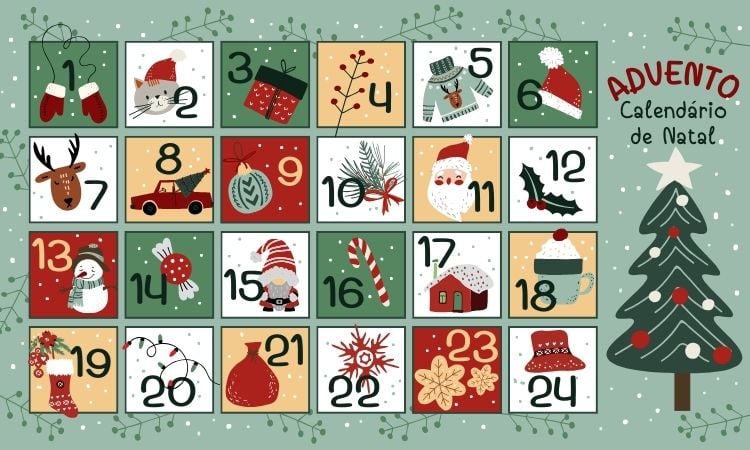 Calendário do advento colorido com 24 quadrados numerados, cada um ilustrando ícones natalinos como renas, Papai Noel, presentes, bengalas doces e pinheiros. Fundo verde com neve e detalhes decorativos. Uma árvore de Natal estilizada adorna o lado direito, criando um clima festivo.