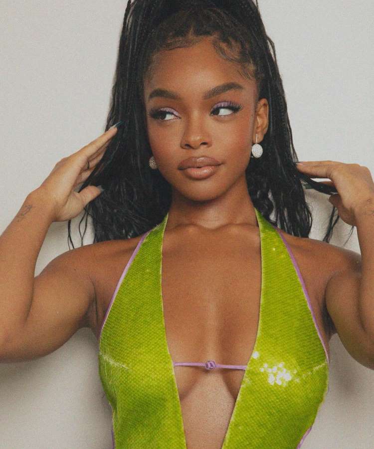 A imagem mostra uma mulher de pele preta com cabelo preso em tranças. Ela veste um top verde brilhante. Sua maquiagem destaca olhos com sombra suave e delineador, pele impecável e iluminada, e lábios nude, realçando sua beleza natural e sofisticada.