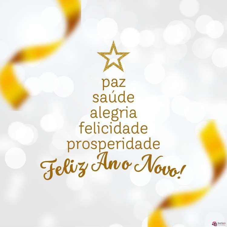 A imagem mostra uma mensagem de Ano Novo em um fundo festivo, com luzes desfocadas. Palavras como "paz", "saúde", "alegria", "felicidade" e "prosperidade" estão dispostas em formato de árvore de Natal, encimadas por uma estrela. Abaixo, a frase "Feliz Ano Novo!" é destacada em dourado.