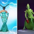 Montagem com duas fotos: Jaquelline Grohalski vestida de Plâncton com máscara e Halessia vestida de Duende verde, com corset, máscara e cauda, além de segurando máscara do Homem Aranha