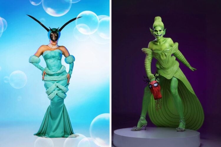 Montagem com duas fotos: Jaquelline Grohalski vestida de Plâncton com máscara e Halessia vestida de Duende verde, com corset, máscara e cauda, além de segurando máscara do Homem Aranha