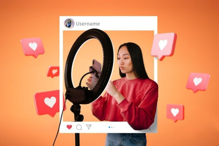 Foto de fundo laranja com montagem de layout do Instagram com mulher de origem asiática mexendo em celular preso em ring light