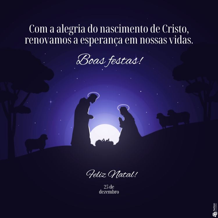 A imagem apresenta uma ilustração minimalista em linhas douradas de Maria, José e o menino Jesus. A mensagem "Feliz Natal" está escrita em letras cursivas e ornamentadas. Abaixo, lê-se: "Neste Natal, que possamos refletir sobre o verdadeiro significado do amor e da salvação em Cristo."