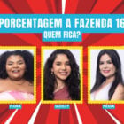 A imagem apresenta três participantes do reality show "A Fazenda 16" em destaque, identificados como Flora, Giselly e Nêssa. O fundo é vibrante, vermelho com raios brancos, e há o texto "Porcentagem A Fazenda 16: Quem Fica?" no topo, indicando uma votação.