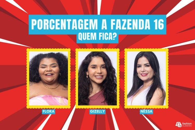 A imagem apresenta três participantes do reality show "A Fazenda 16" em destaque, identificados como Flora, Giselly e Nêssa. O fundo é vibrante, vermelho com raios brancos, e há o texto "Porcentagem A Fazenda 16: Quem Fica?" no topo, indicando uma votação.