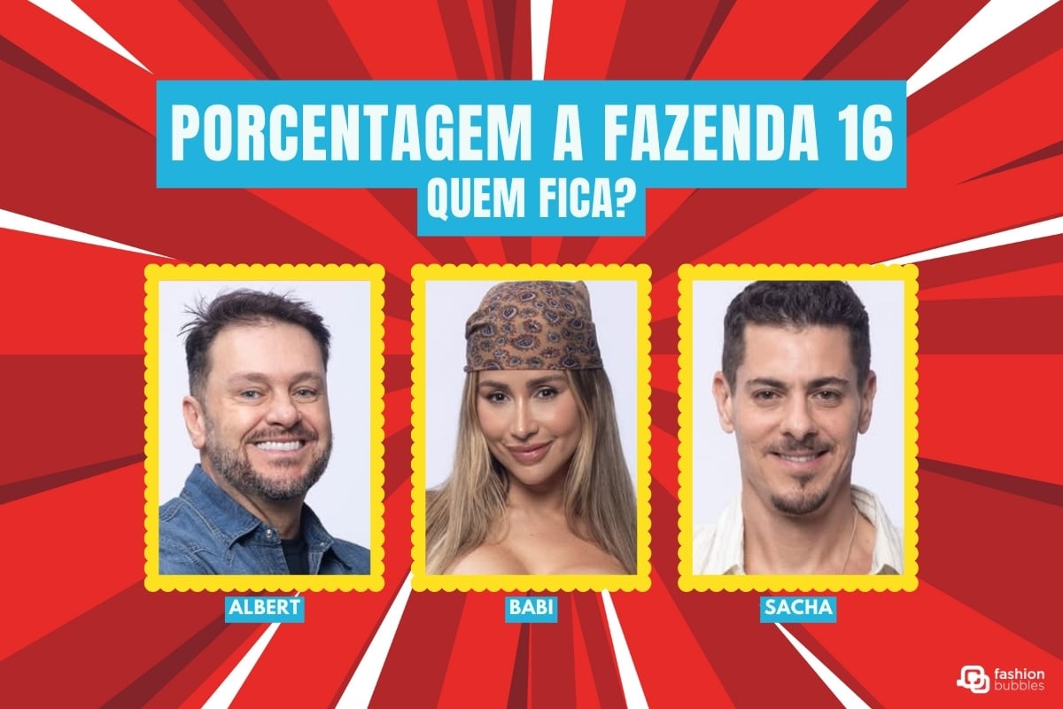 A imagem apresenta uma enquete sobre "A Fazenda 16" com o título "Quem Fica?". Mostra três participantes: Albert, Babi, e Sacha, cada um em um quadro com fundo vermelho e bordas amarelas. Cada participante está identificado com seu nome em uma legenda azul.