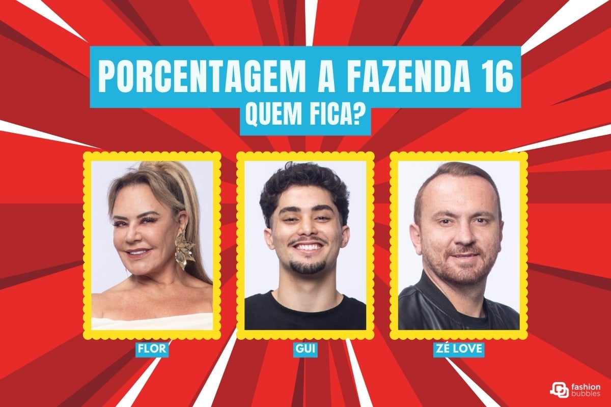 A imagem apresenta três participantes do reality show "A Fazenda 16" em destaque, identificados como Flor, Gui e Zé Love. O fundo é vibrante, vermelho com raios brancos, e há o texto "Porcentagem A Fazenda 16: Quem Fica?" no topo, indicando uma votação.