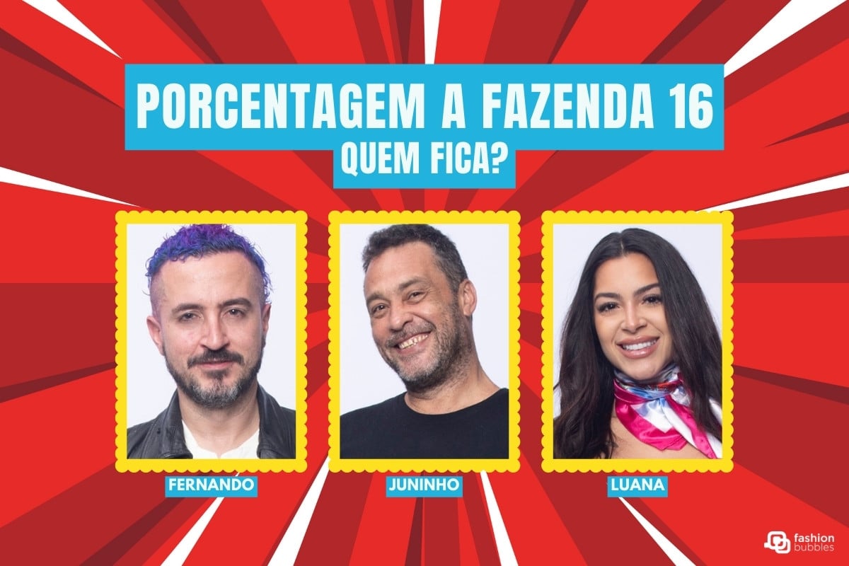 A imagem apresenta uma enquete sobre "A Fazenda 16" com o título "Quem Fica?". Mostra três participantes: Fernando, Juninho e Luana, cada um em um quadro com fundo vermelho e bordas amarelas. Cada participante está identificado com seu nome em uma legenda azul.