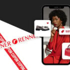 A imagem exibe um smartphone com uma mulher elegante vestida de vermelho. Ao redor do celular, ícones de um sapato e uma bolsa, ambos com corações, e uma etiqueta de "50% OFF". Faixas diagonais vermelhas e brancas com "Renner Cupom" destacam descontos e moda.