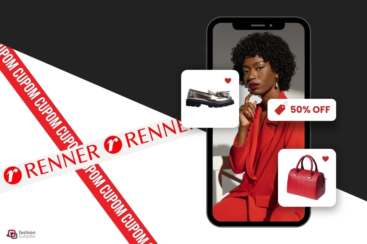 A imagem exibe um smartphone com uma mulher elegante vestida de vermelho. Ao redor do celular, ícones de um sapato e uma bolsa, ambos com corações, e uma etiqueta de "50% OFF". Faixas diagonais vermelhas e brancas com "Renner Cupom" destacam descontos e moda.