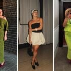 A imagem mostra três mulheres em diferentes cenários, cada uma com estilo distinto. A primeira veste um vestido verde com textura, combinando com sapatos vermelhos para usar com o vestido. A segunda usa um vestido preto e branco com saia balonê, e a terceira, um vestido verde-limão com sapatos rosa vibrantes.