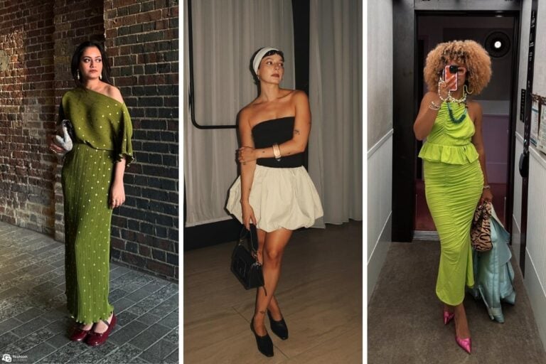 A imagem mostra três mulheres em diferentes cenários, cada uma com estilo distinto. A primeira veste um vestido verde com textura, combinando com sapatos vermelhos para usar com o vestido. A segunda usa um vestido preto e branco com saia balonê, e a terceira, um vestido verde-limão com sapatos rosa vibrantes.