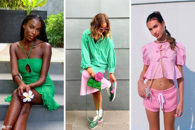 A imagem apresenta três pessoas em diferentes looks coloridos. À esquerda, uma mulher em vestido verde. Ao centro, uma pessoa usando camisa verde e saia rosa. À direita, uma jovem com cropped e shorts rosa, todos posando de forma estilosa.