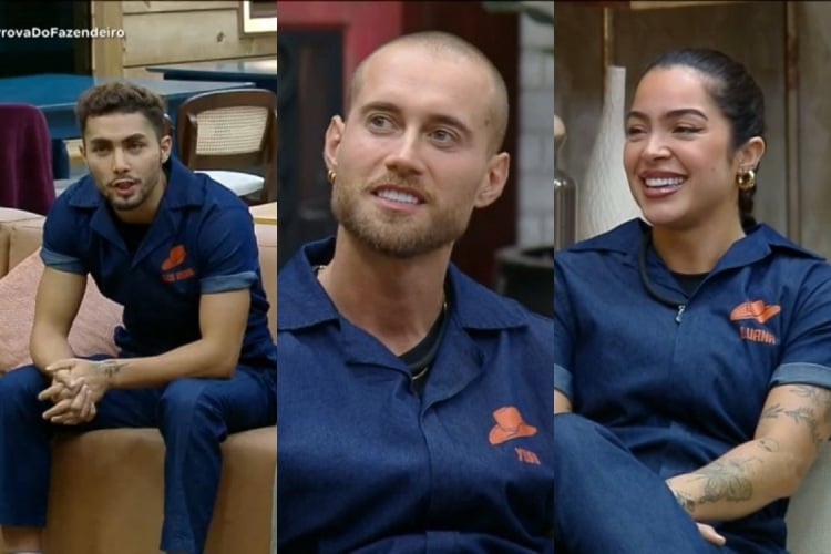 Gui, Yuri e Luana em noite de Prova do Fazendeiro usando os uniformes na cor azul.