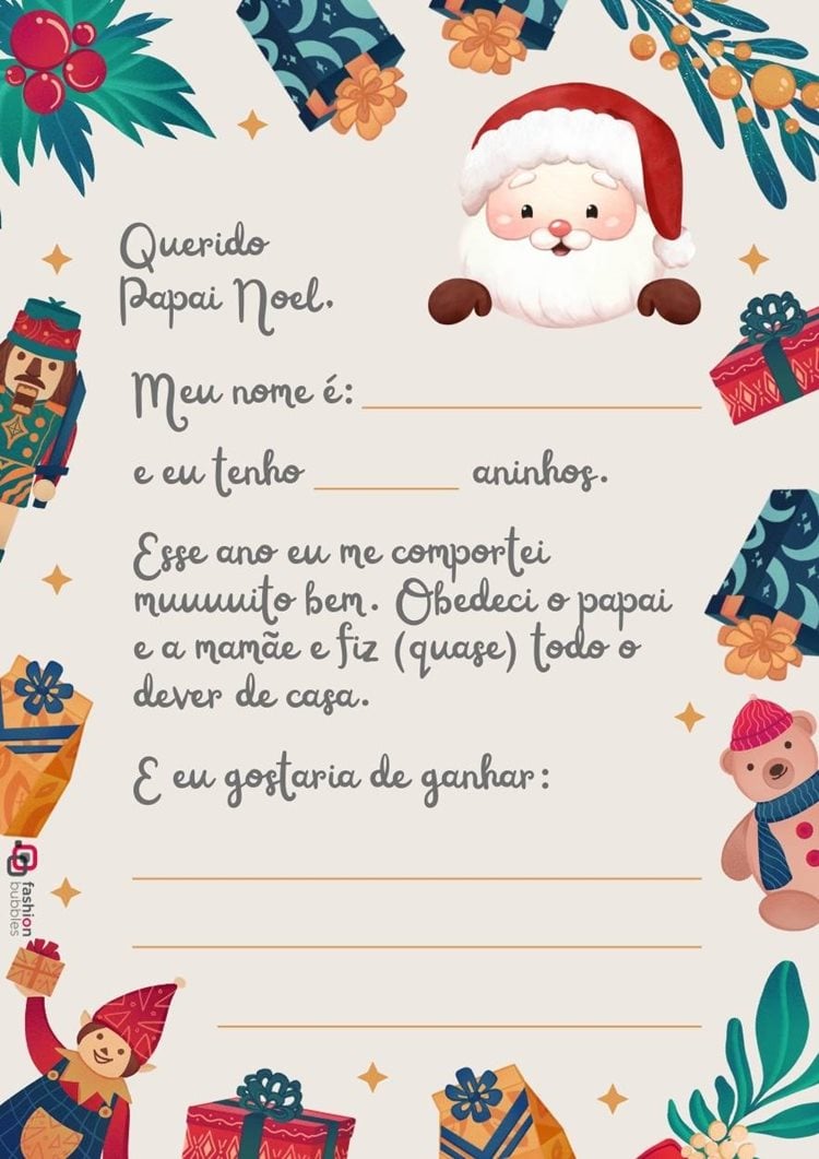 Carta adorável para o Papai Noel, decorada com presentes e brinquedos. Espaço para a criança preencher nome, idade e pedidos. Inclui texto sobre bom comportamento. Ilustração fofa do Papai Noel.