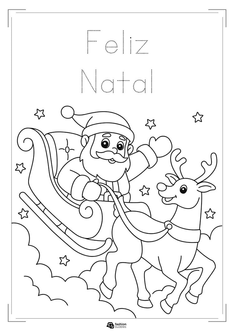 Cartão de Natal para colorir, mostrando Papai Noel sorrindo em seu trenó puxado por uma rena. Estrelas estão no céu e a frase "Feliz Natal" está acima. Ideal para crianças.