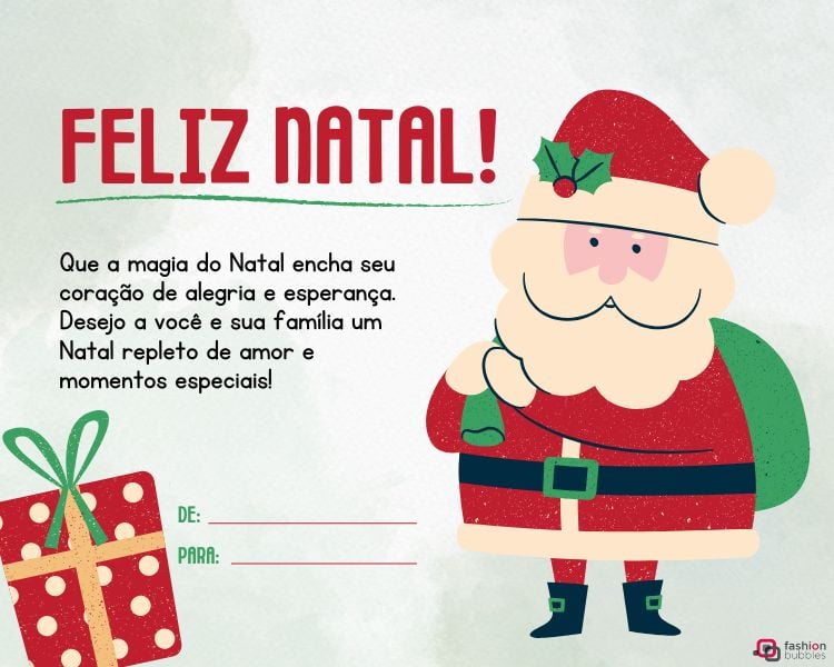 Cartão de Natal com fundo claro, destacando um alegre Papai Noel ao lado de uma mensagem de boas festas. Há um presente decorado e espaço para escrever destinatário e remetente.