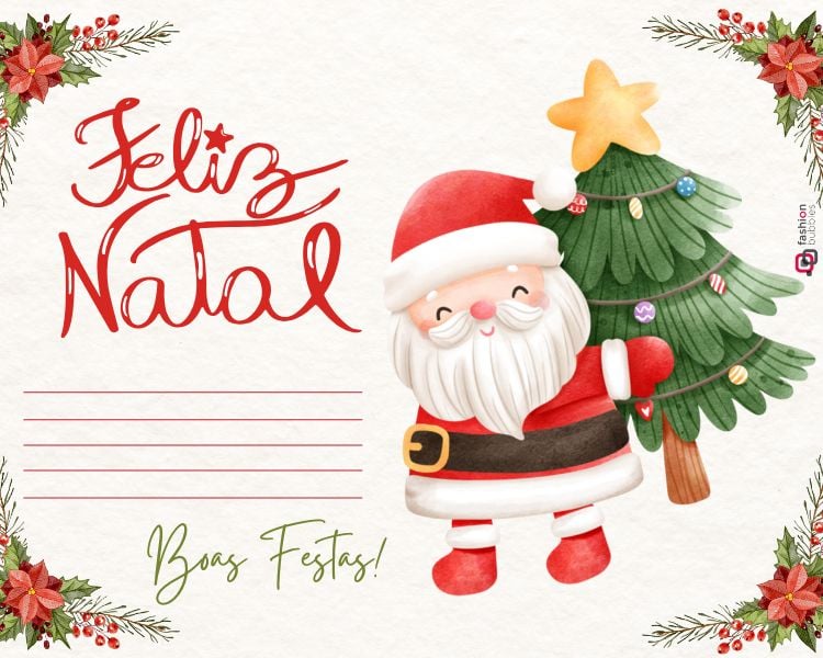 Cartão de Natal com "Feliz Natal" em vermelho, Papai Noel sorrindo ao lado de uma árvore decorada. Bordas enfeitadas com flores e folhas. Espaço para mensagem e "Boas Festas!" em verde.