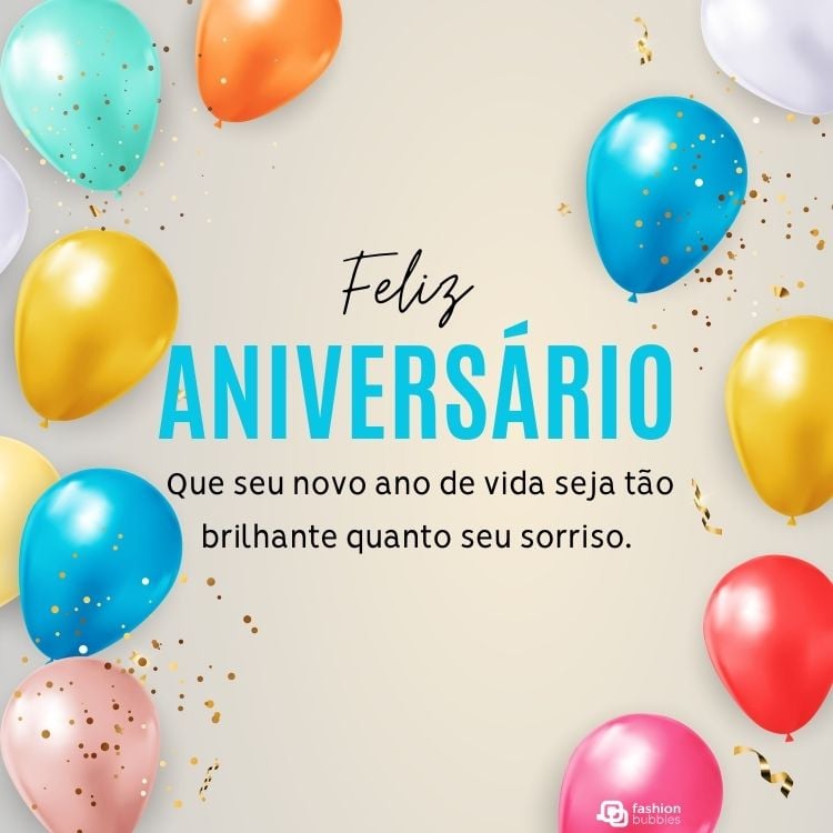 A imagem apresenta balões coloridos em tons de azul, dourado, vermelho e laranja, com confetes dourados sobre um fundo claro. No centro, a mensagem "Feliz Aniversário" e deseja um ano brilhante, destacando o desejo de felicidade e alegria.