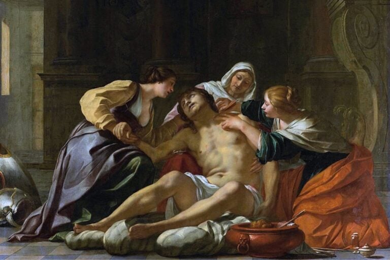 A imagem retrata São Sebastião após o martírio, apoiado por três mulheres. Ele está seminu, com expressão de sofrimento, enquanto elas cuidam de suas feridas. A cena, rica em detalhes, destaca a compaixão e a devoção em um ambiente sombrio e íntimo.