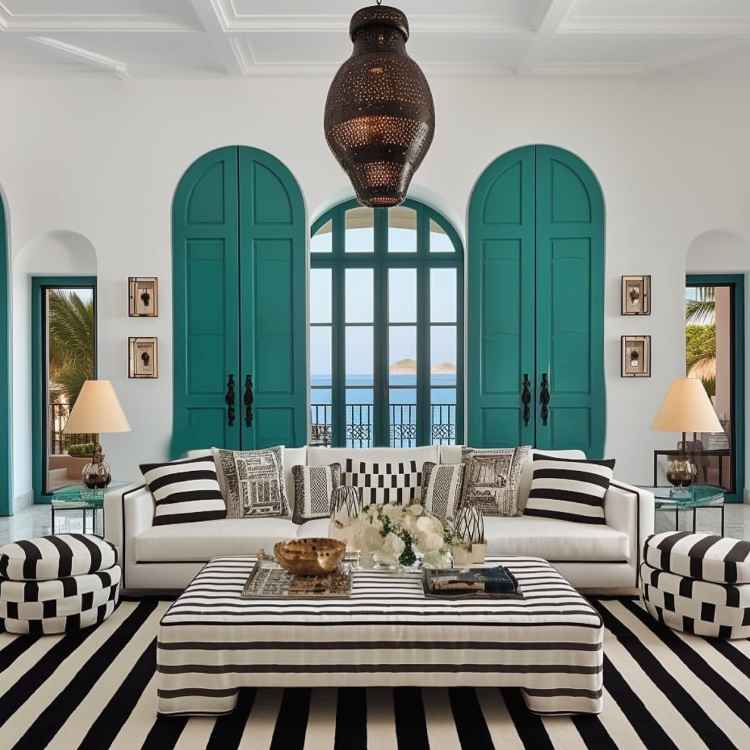 A sala sofisticada exibe portas e janelas arqueadas em azul-turquesa, com vista para o mar. O ambiente combina sofá branco com almofadas estampadas e pufes listrados preto e branco. Um lustre marroquino e tapete listrado completam o design elegante e exótico.  - tendências de decoração para 2025